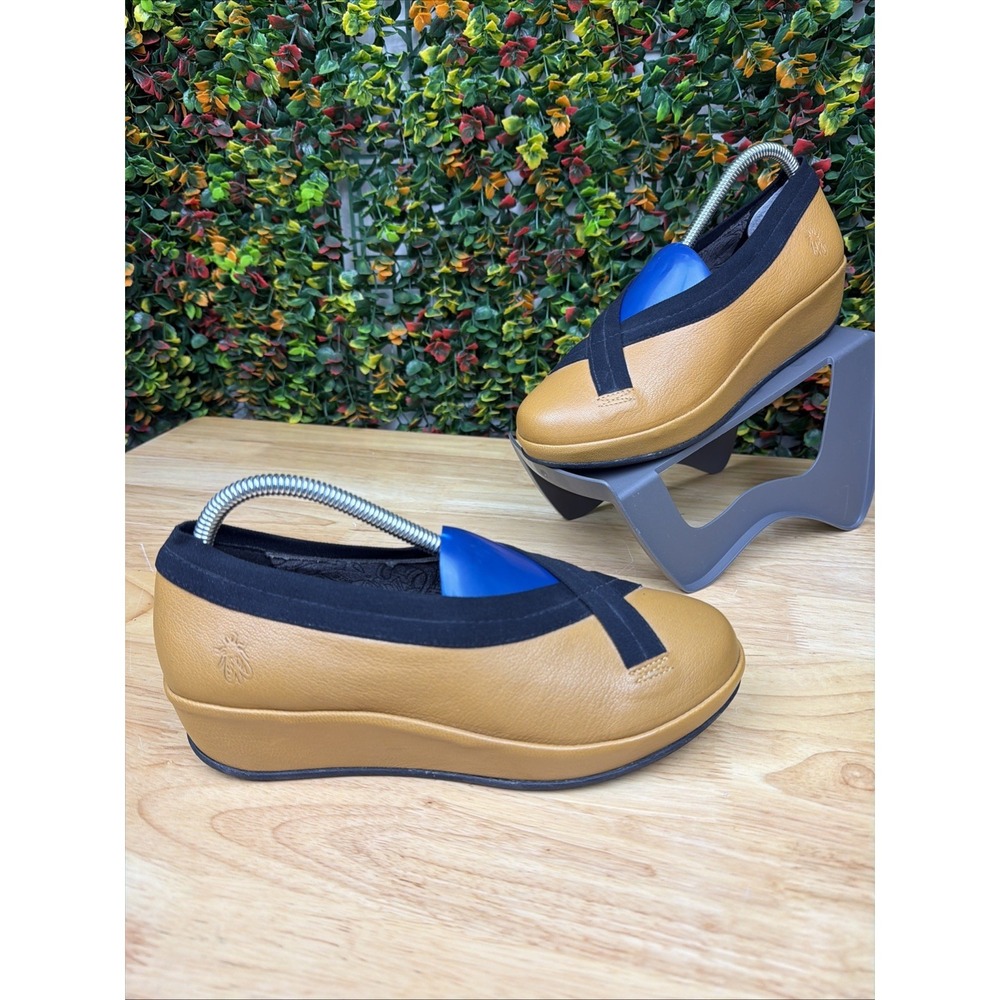 Fly London Bobi Leather Slip On Comfort Wedge Tan Mustard Women's EU 39 US 8-8.5